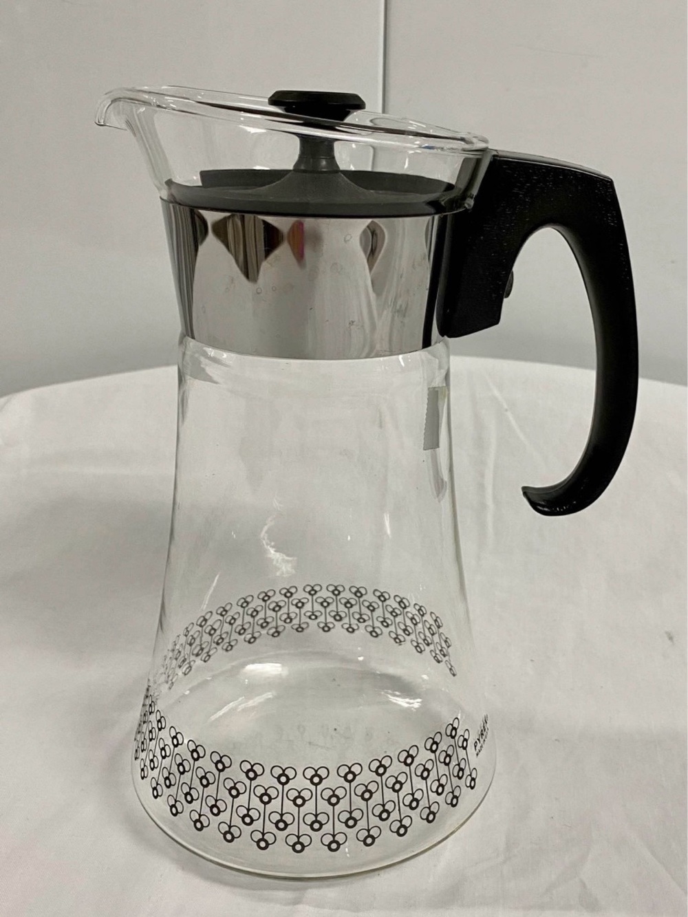 Vintage Pyrex Glass Coffee Juice Carafe Black Bee Pattern 1960s Pitcher Lid MCM